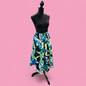 Moon Orchid Skirt L Tropical Abstract Print Blue Green Midi Elastic Waist NWT